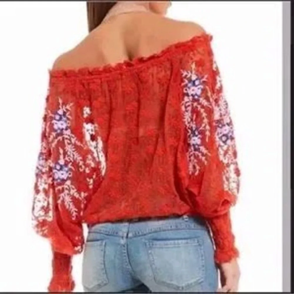 Free People Red Sheer Lace Embroidered Off Shoulder Tassel Blouse Small OB643444